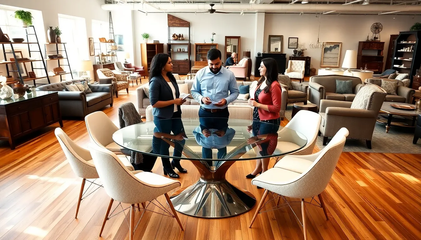 diverse professionals discussing furniture in a modern showroom.