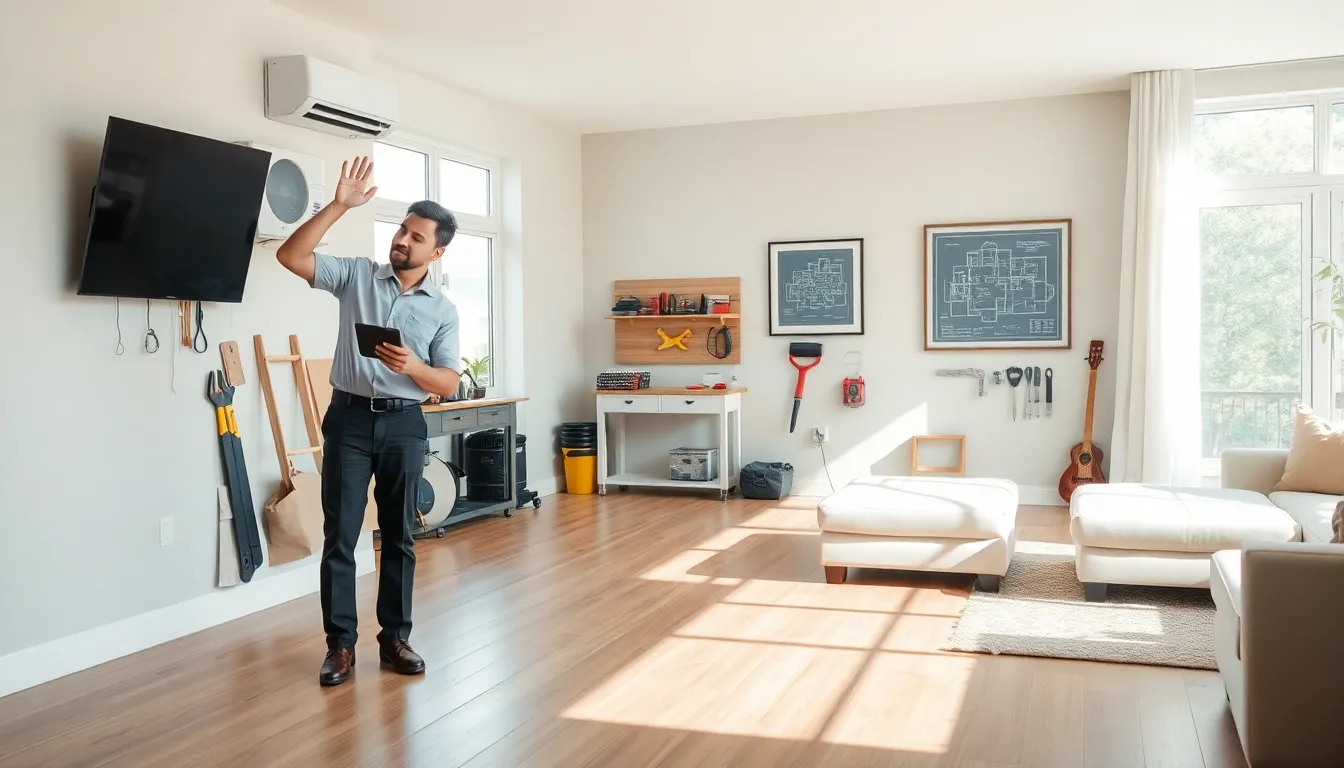 home inspector evaluating HVAC system in a modern living room.