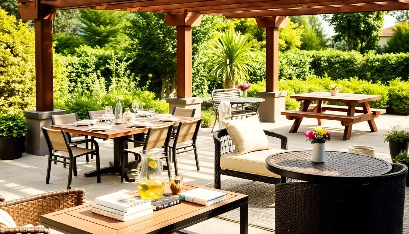 outdoor patio with various styles of furniture tables.