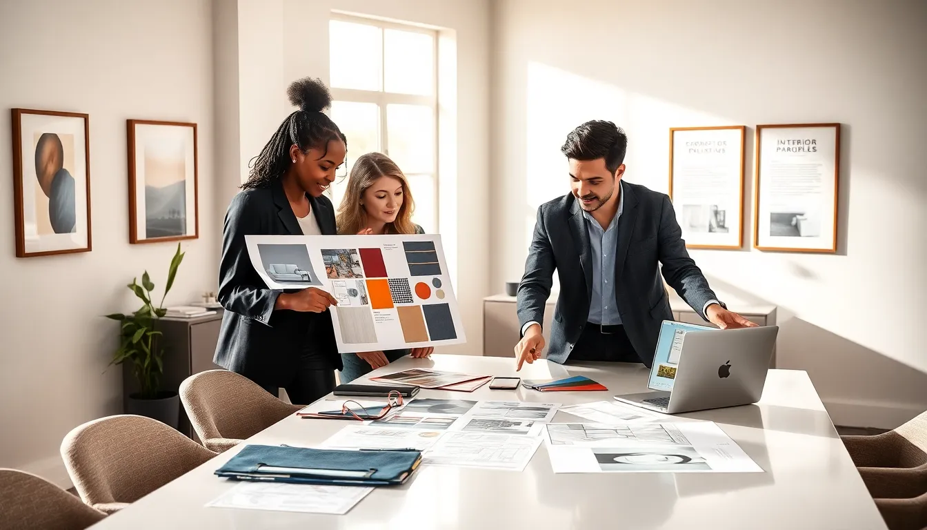 diverse team collaborating on interior design principles in a modern workspace.