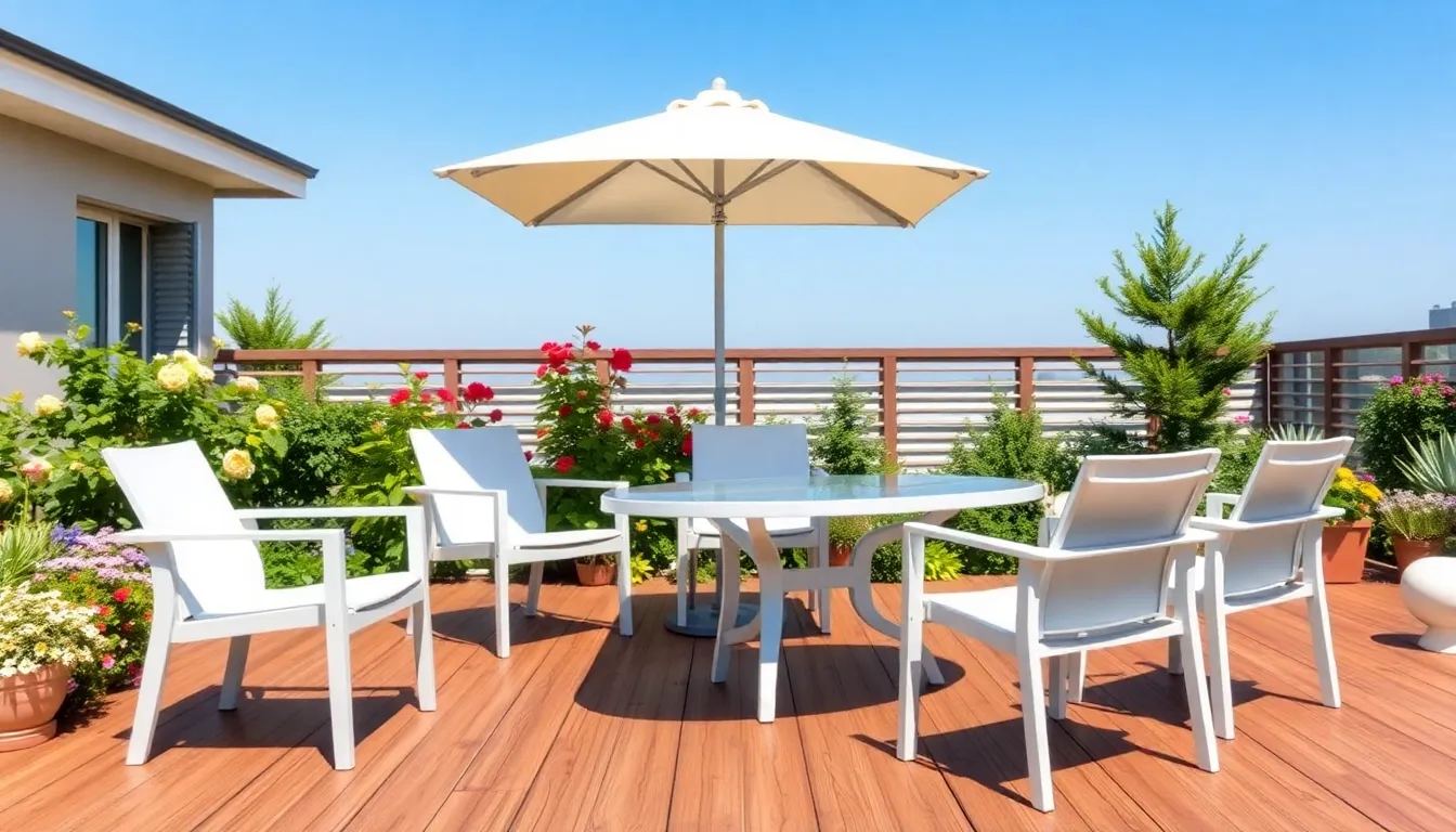 modern outdoor patio with lightweight aluminium furniture under a sunny sky.