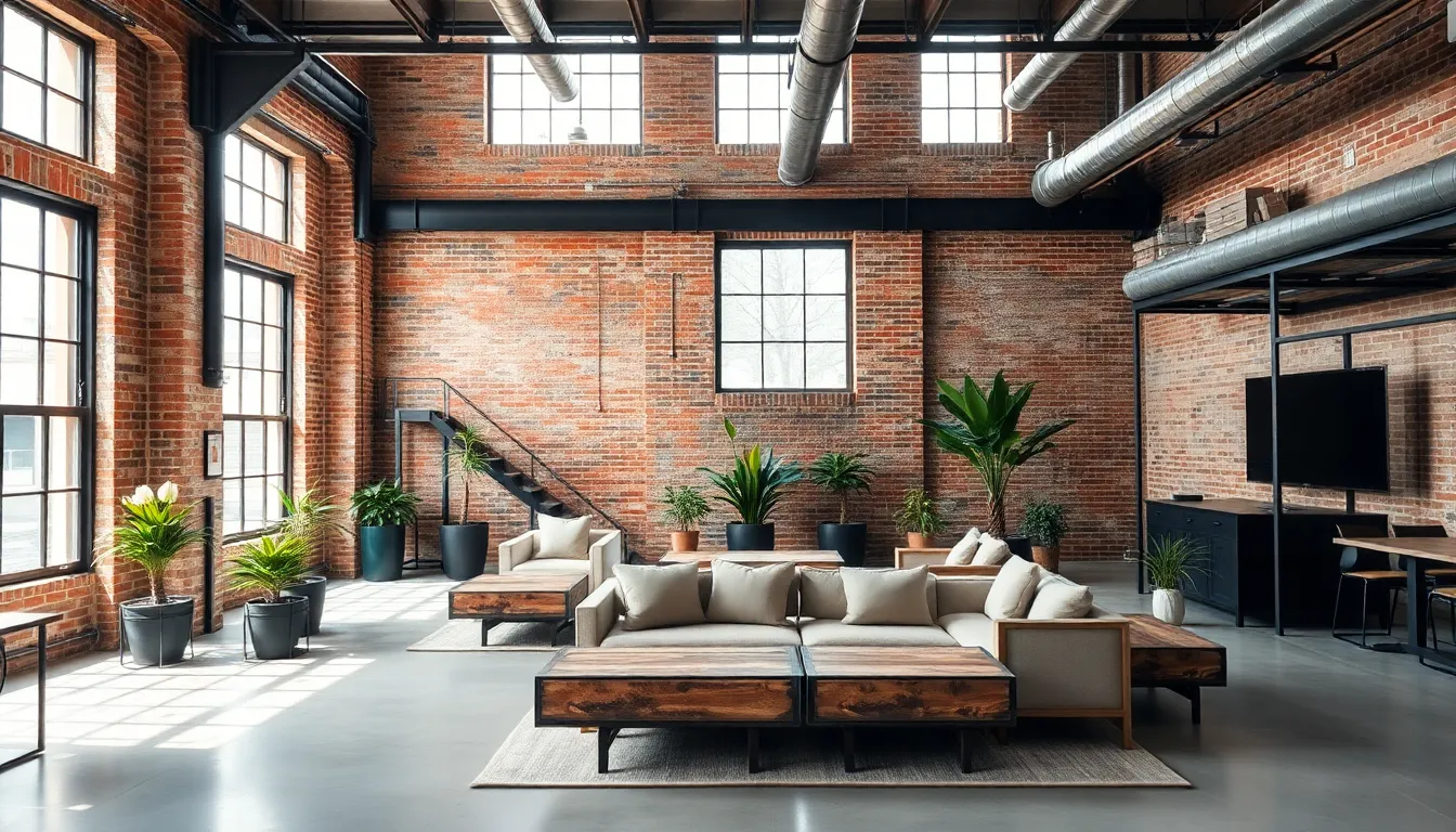 modern industrial interior with exposed beams and minimalist furniture.