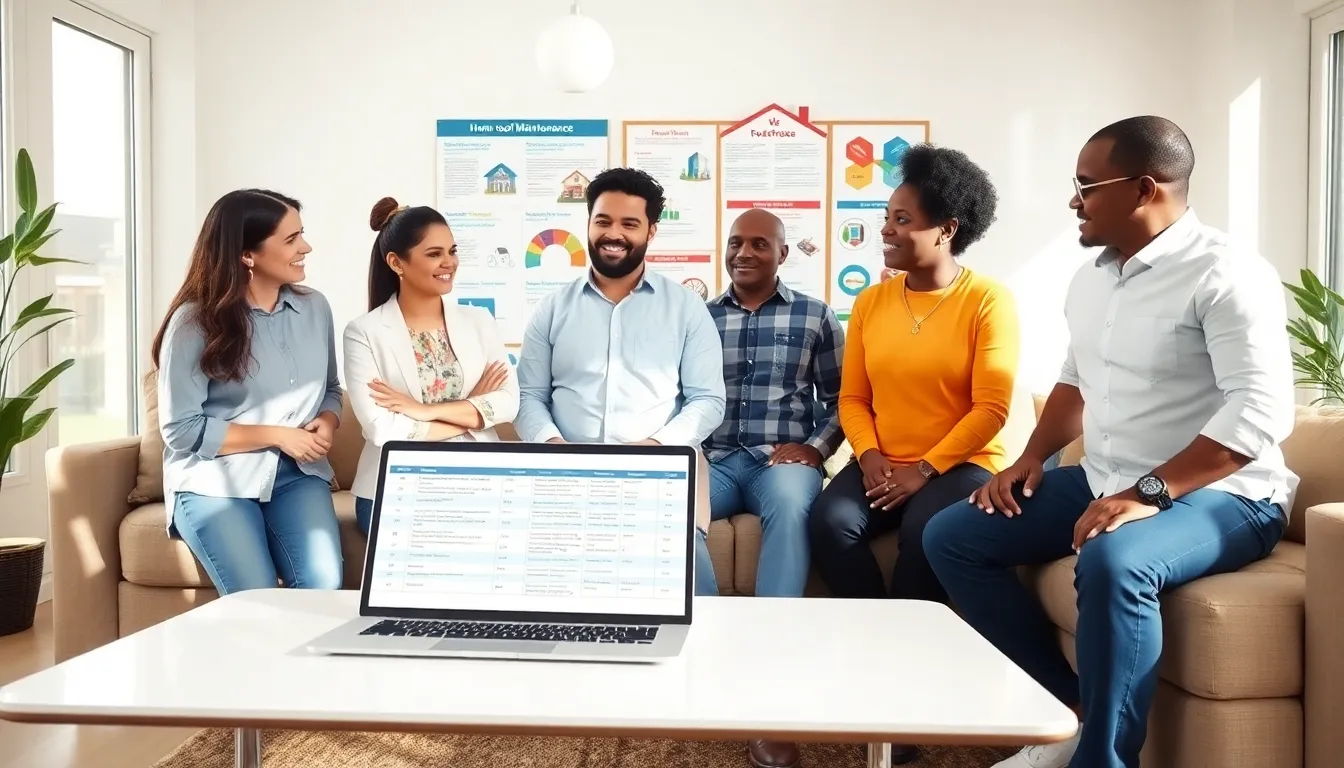 diverse homeowners discussing roof maintenance in a modern living room.