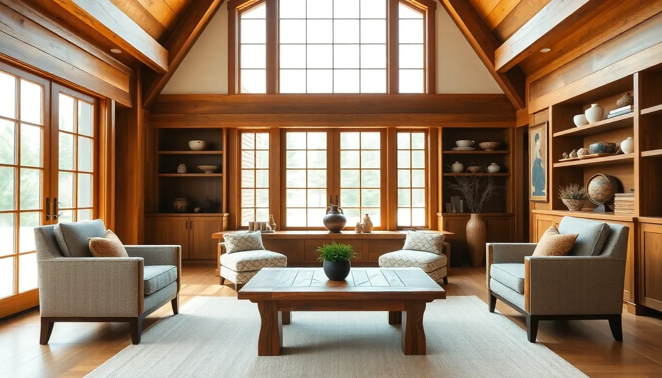 Craftsman design living room with handcrafted furniture and warm lighting.