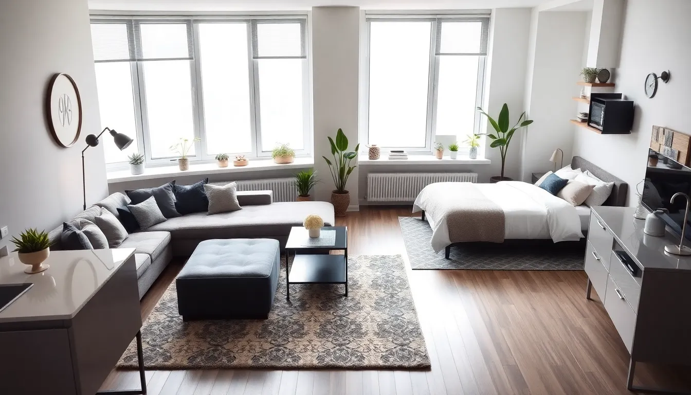 stylish studio apartment interior design with defined living zones.